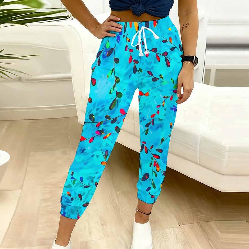 Summer Ladies Fresh Plants Printed Sweatpants Loose Fit Drawstring Joggers Elastic Cuff Daily Casual Pants