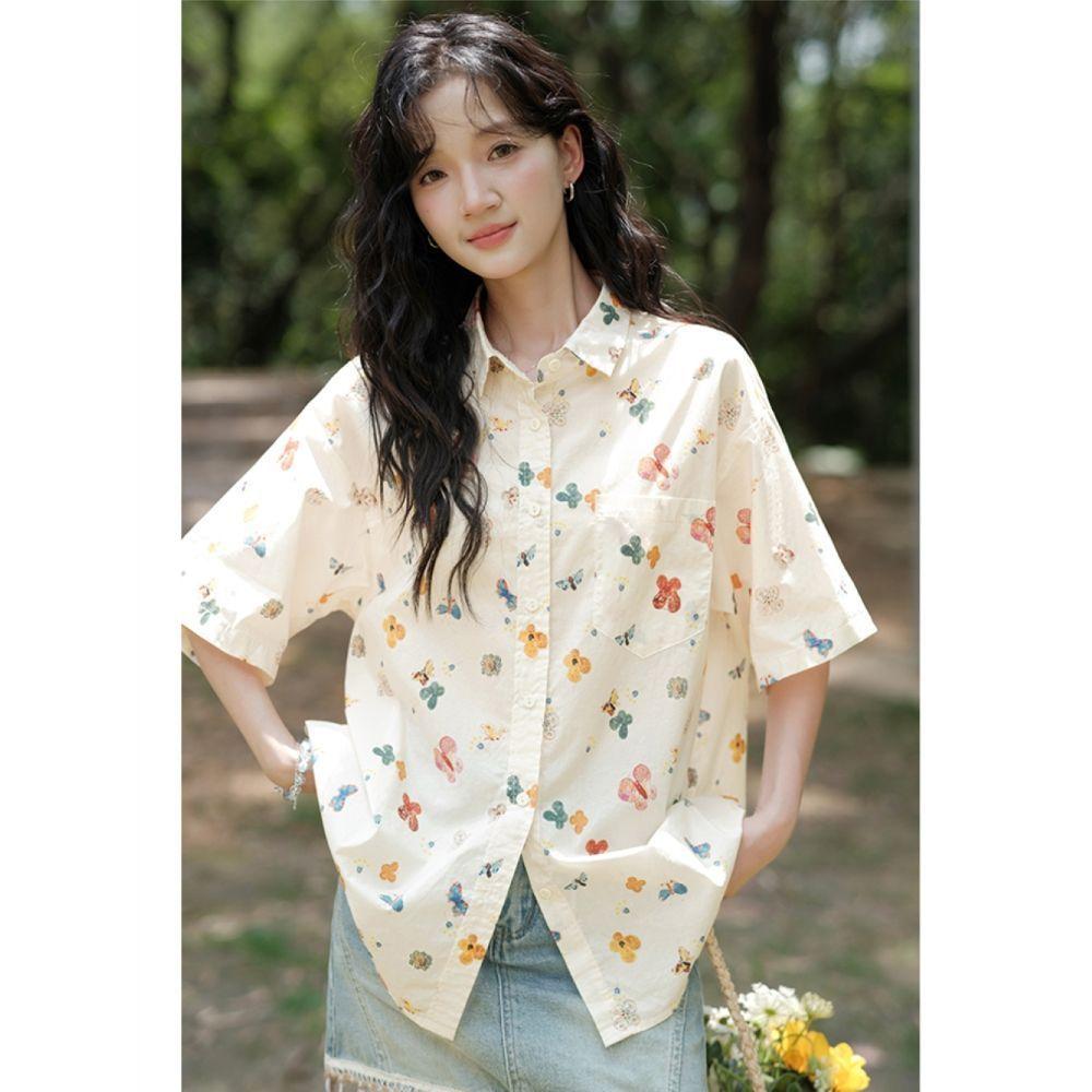 

Женские футболки с коротким рукавом с цветочным принтом, летние, повседневные, универсальные, с карманом, блузка, корейский, милый, универсальный, женская одежда S бежевый