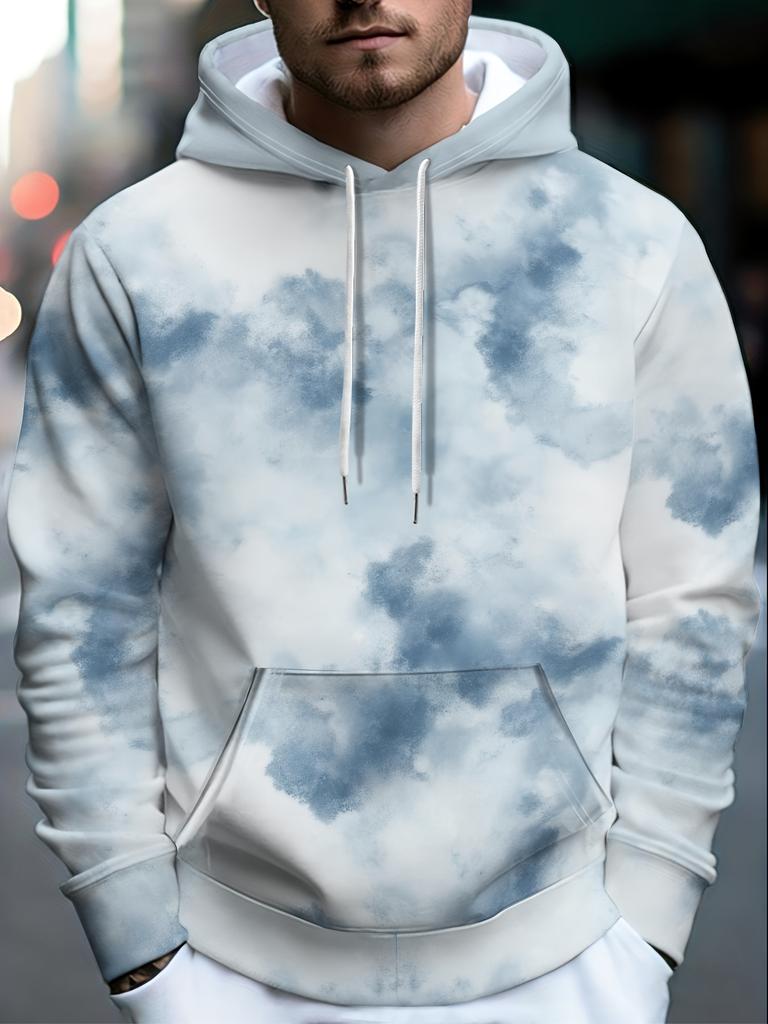 Men's Fashion Long Sleeve Hoodie, Trendy Printed Sports Sweatshirt with Blue and White Watercolor Cloud Pattern. Soft, Comfortable, and Breathable