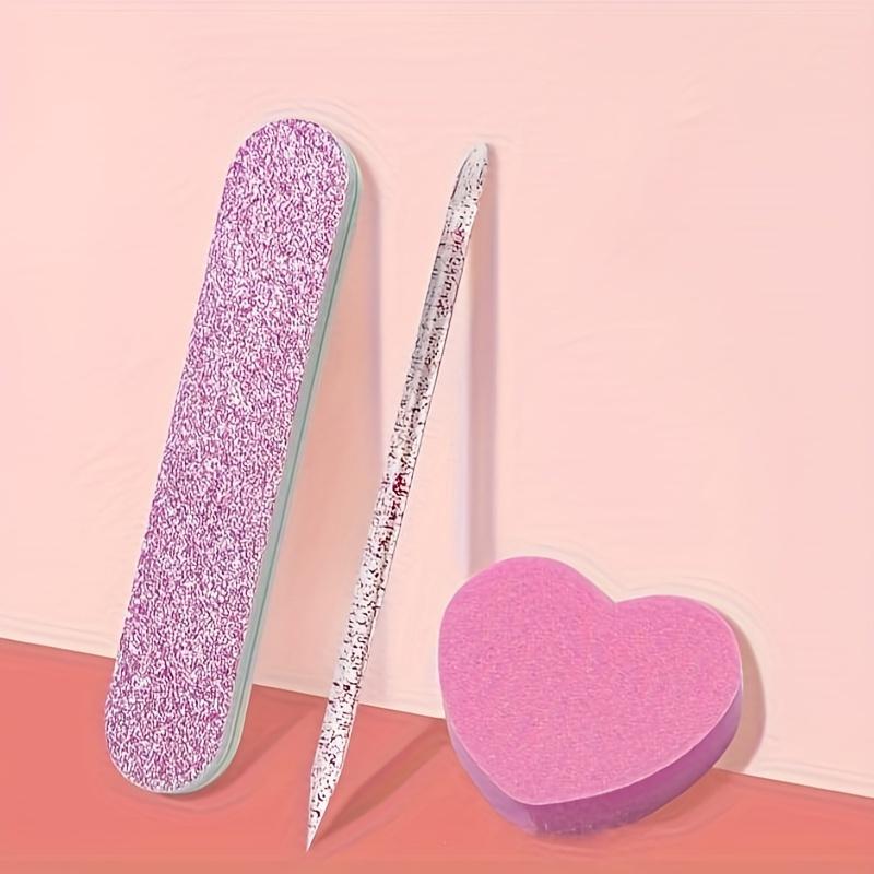 Nail Care Set - Pink Glitter Nail Files, Buffing Crystal Stick, and Heart-Shaped Sponge Blocks - Unscented Tools & Accessories Kit