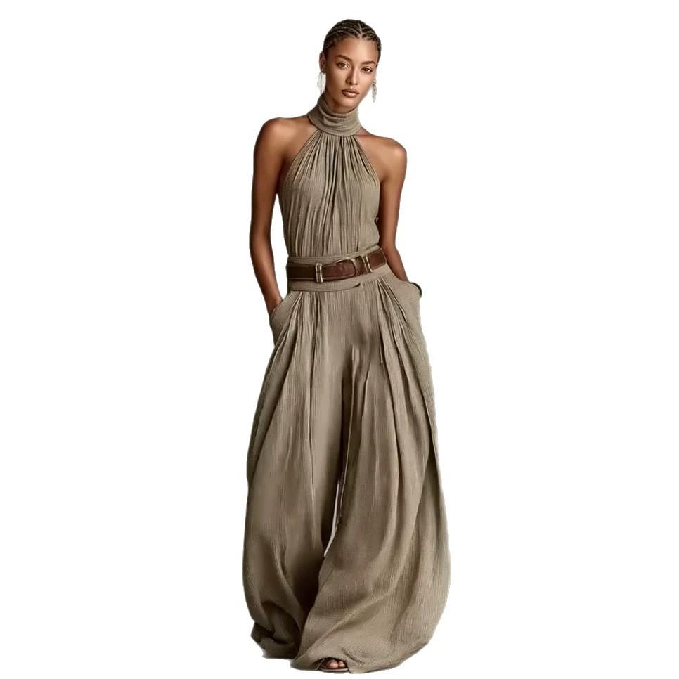 Conjunto de dos piezas de primavera y otoño transfronterizo: top sin mangas con cuello halter plisado y pantalones anchos holgados