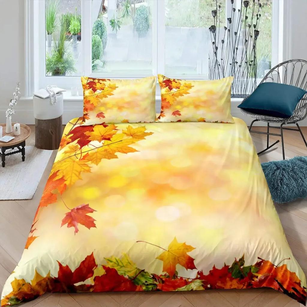 Maple Leaves Duvet Cover Set Colorful Autumn Season Maple Leaves In Unusual Designs Nature Print King Size 2/3pcs Bedding Set