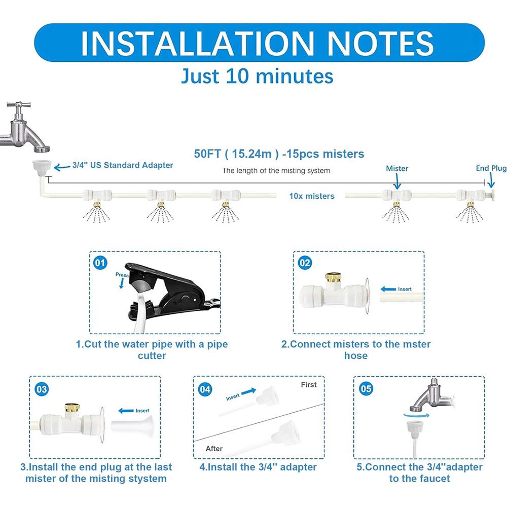 Outdoor Misting System for Cooling, Misters for Outside, Mist hose + a Brass Adapter(3/4"),Umbrella, Canopy, Backyard, White