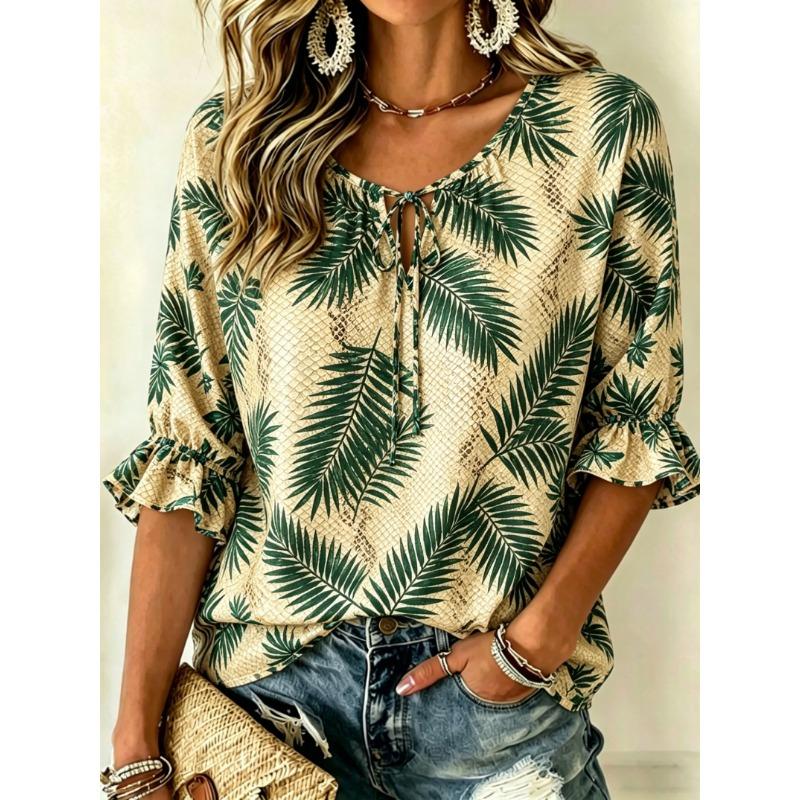 Women's Leopard Print & Orange Floral Tie Front Blouse, Casual Loose Top for Spring Summer Daily Wear