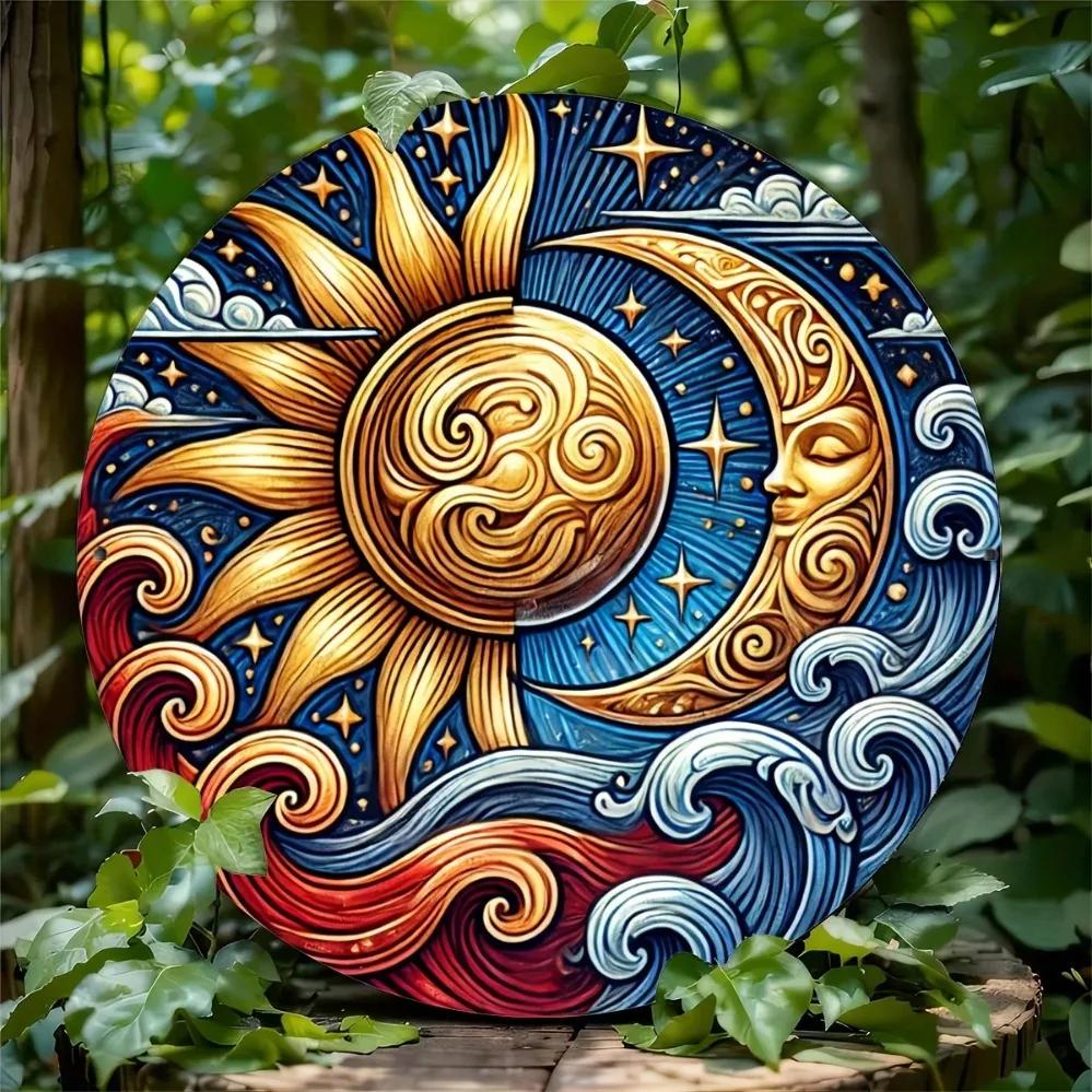 Sun and Moon Round Metal Wall Art (Engraved) PreDrilled Aluminum Sign Stylish Home Accent Thoughtful Gift Choice