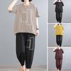 2Pcs/Set O-Neck Short Sleeve Mid-rise Elastic Waistband Pockets Top Pants Set Mid-aged Women Printing Wide Leg Harem Pants Outfit