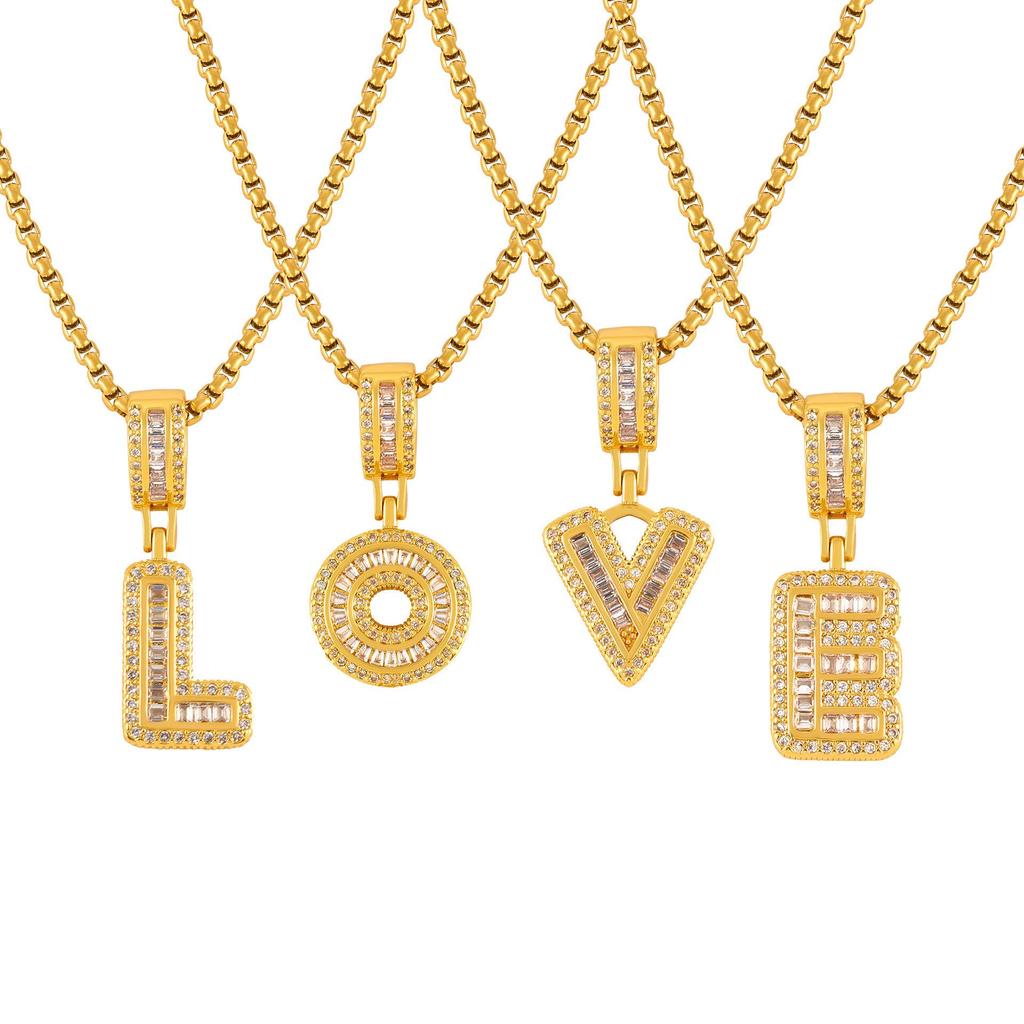 Minimalist Letter Inlaid Diamond Copper Pendant Necklace with Long Box Chain in Gold-Plated Titanium Steel
