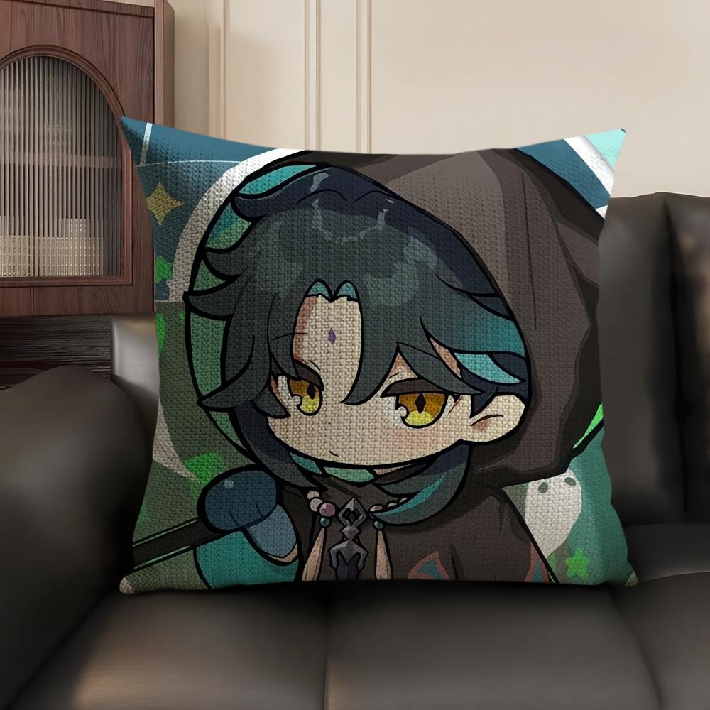 Xiao Cute Genshin Impact Cushion Cover Natural Linen Organic Fabric Double-Sided Printing Sofa Home Decor Gift Pillow Case