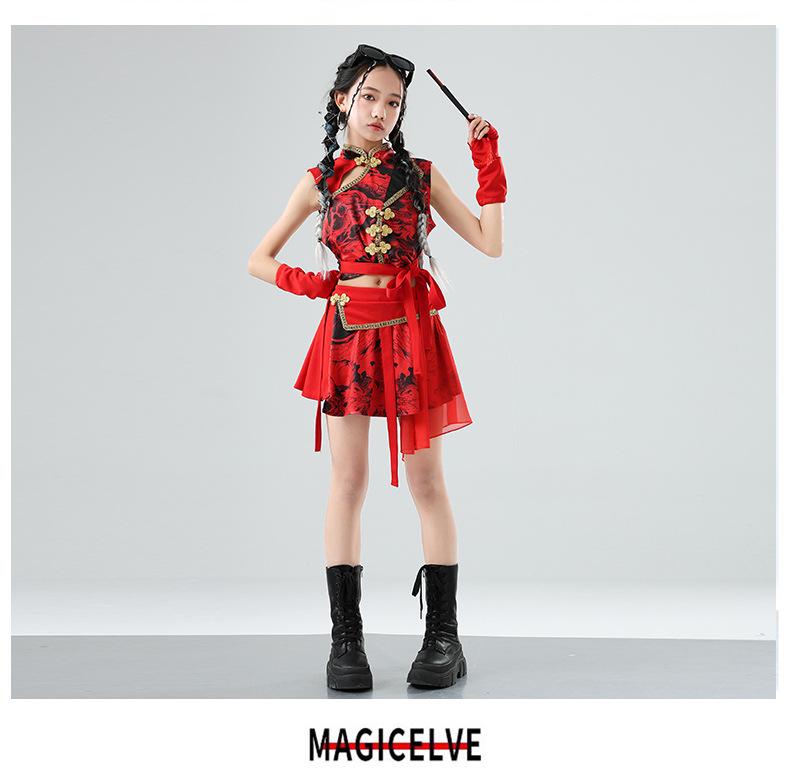 Chinese Red Dragon Jazz Dance Skirt Set - Girls' Fashion Show & Street Dance Costume