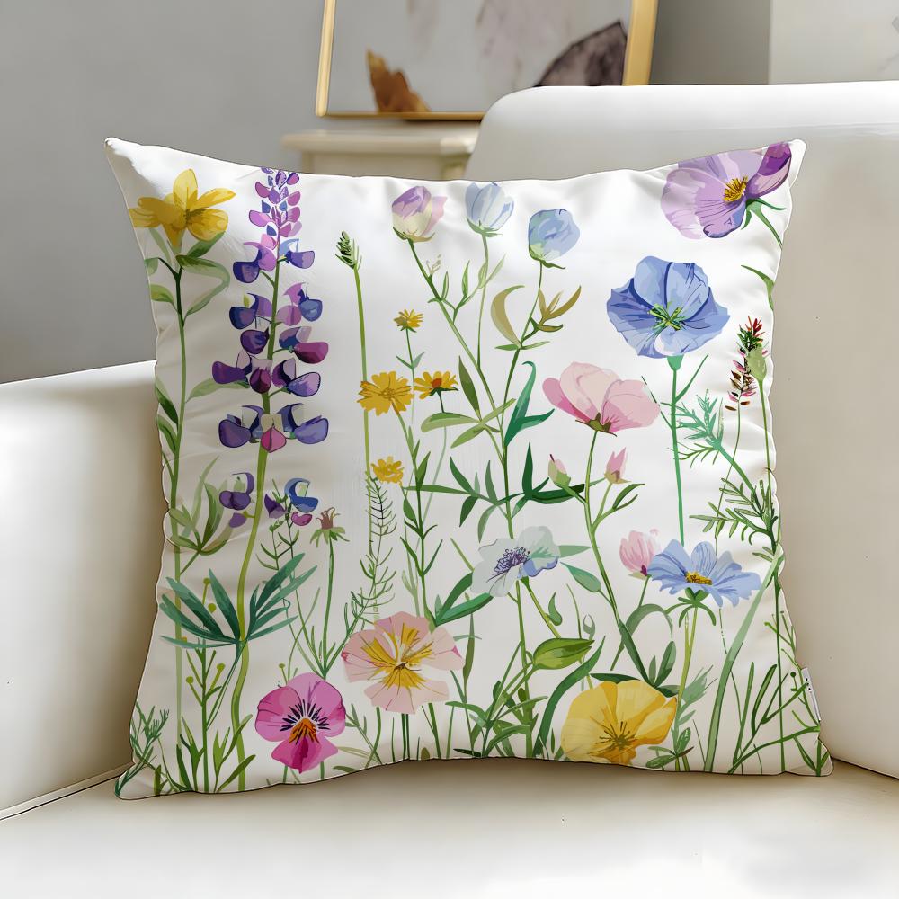 Classic Theme Spring Wildflowers Cushion Cover Soft & Easy-Wash Pillow Case – Versatile for Couch, Bed, Travel and Office