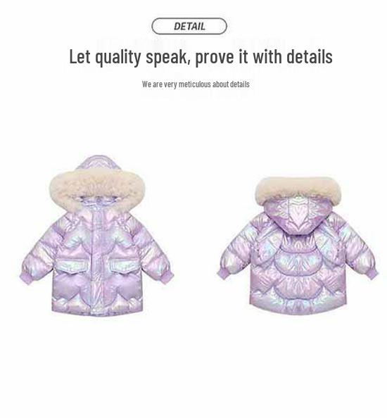 Girls' Mid-Length Bright Down Jacket - Wash-Free, Warm, Thickened for Winter