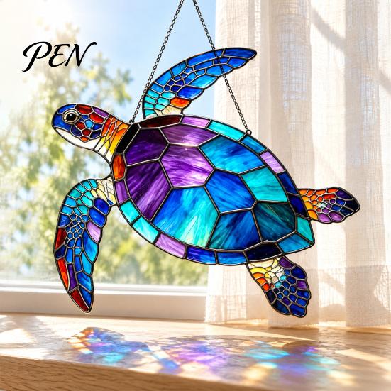 Beach House Decorations Sea Turtle Suncatcher, Acrylic Window Hanging Ornament, Faux Stained Glass Gifts for Lovers Coastal Decor Ocean Lovers, Garden