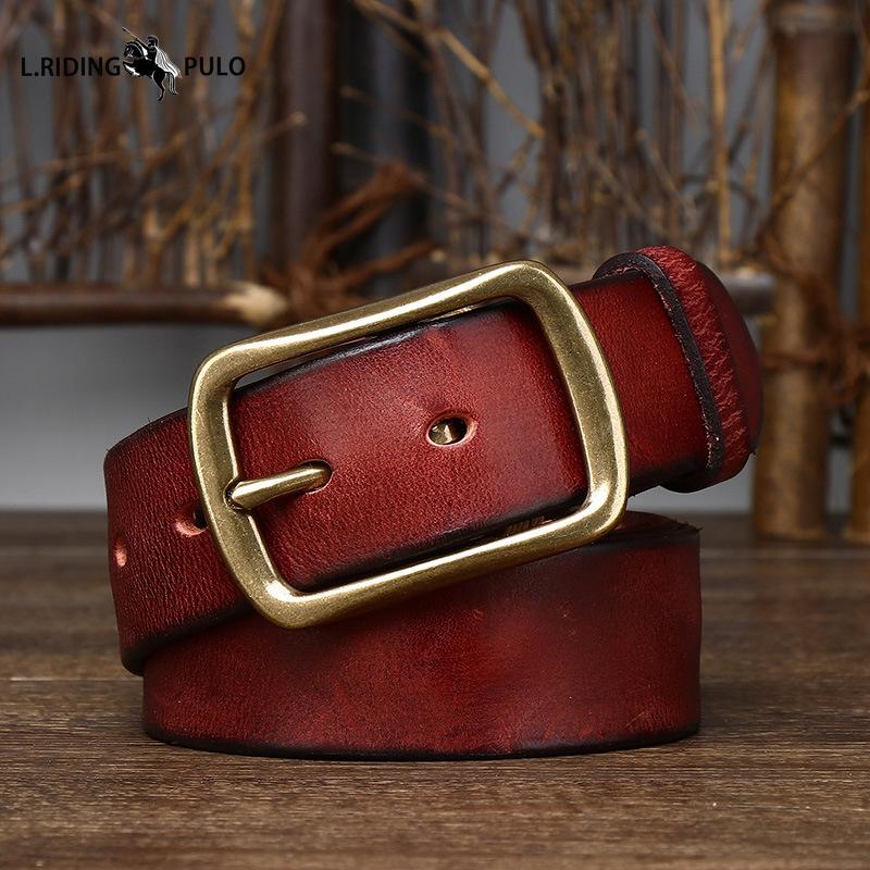 Men's Genuine Leather Belt Retro Distressed Pleated Copper Buckle Korean Style Casual Jeans Belt