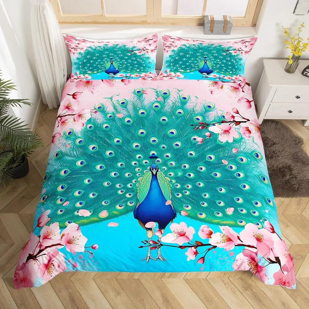 Peacock Duvet Cover Twin Cartoon Animal Bedding Set Cherry Blossom Comforter Cover Japanese Flower Quilt Cover Kawaii Room Decor