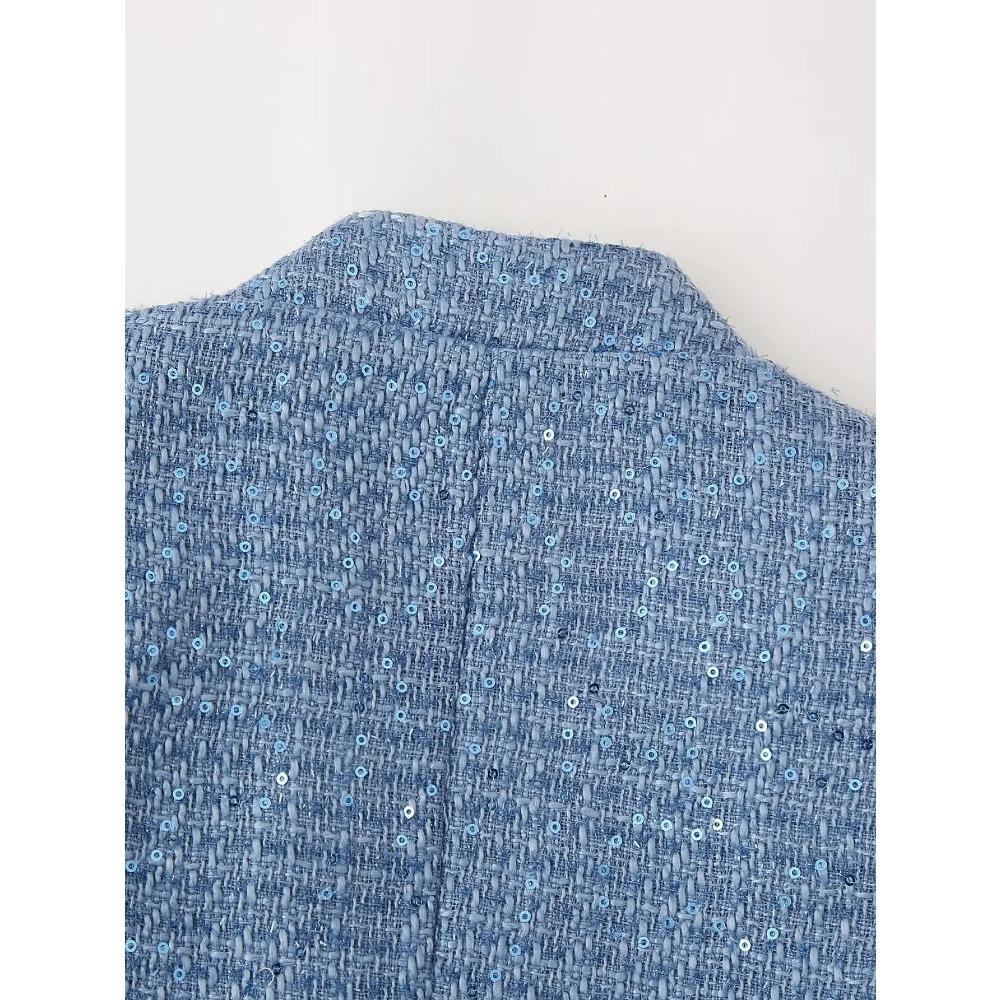 Women's Sequin Stand Collar Long Sleeves Pockets Short Jacket Coat Spring and Autumn New Female Chic Cardigan Jacket