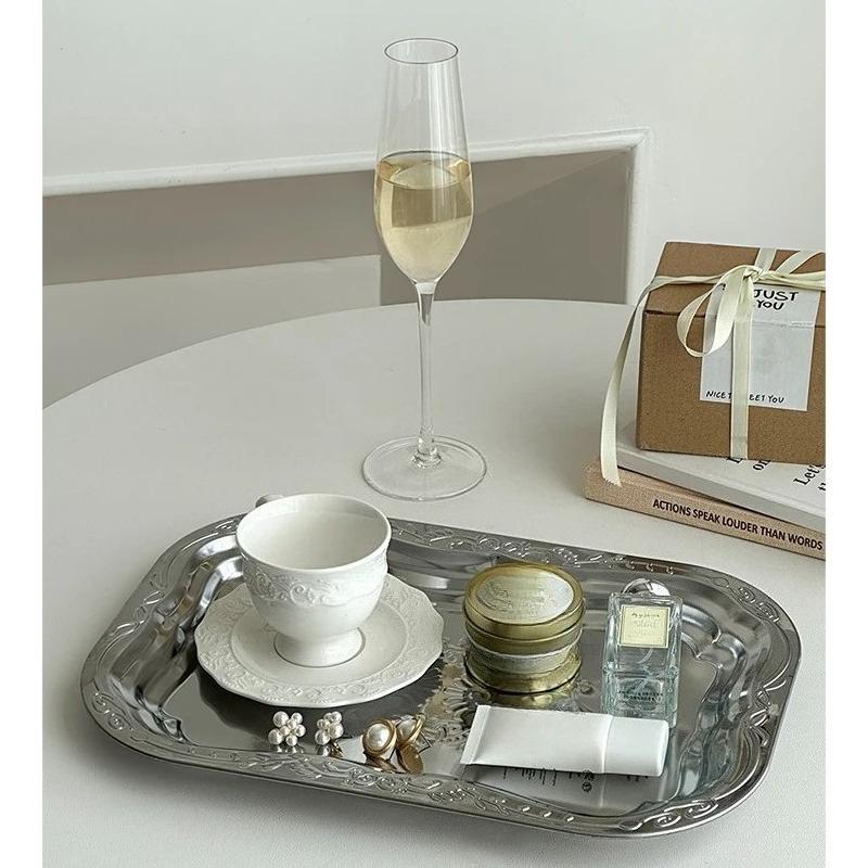 Vintage Taca Ze Stali Nierdzewnej Kwiatowo Tłoczone Tace Do Serwowania Deseru Prostokątny Talerz Do Przechowywania Biżuterii Narzędzie do Dekoracji Domu