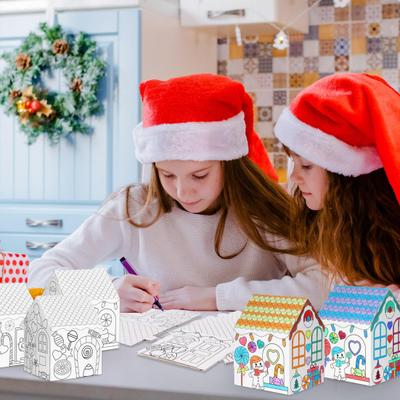 12Pcs Christmas Coloring House DIY Craft Kit with 24 Color Pens Vibrant Holiday Adornments Christmas Home Decor