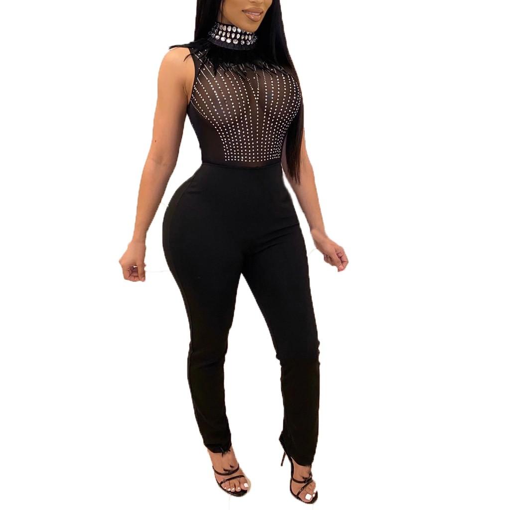 

(SU)Женский модный однотонный прямой комбинезон без рукавов с длинными рукавами и бриллиантами