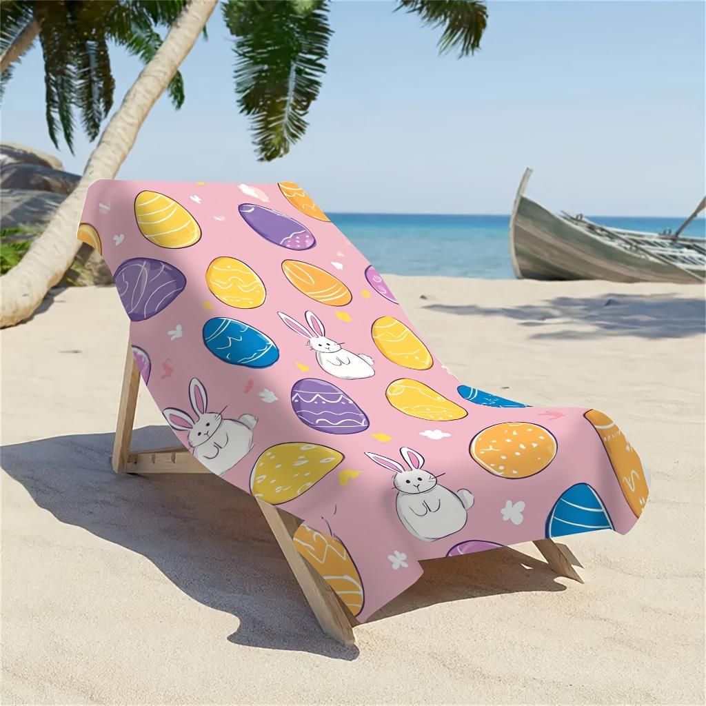 Microfiber Beach Towel Colorful Easter Egg and Cute Bunny Pattern,Ultra-Soft Polyester,Lightweight and Absorbent,Ideal for Yoga