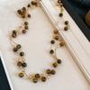 Stylish Natural Stone Tiger Eyes Glass Beads Strand Necklace for Women Gold Copper Long Double Layers Sweater Chain