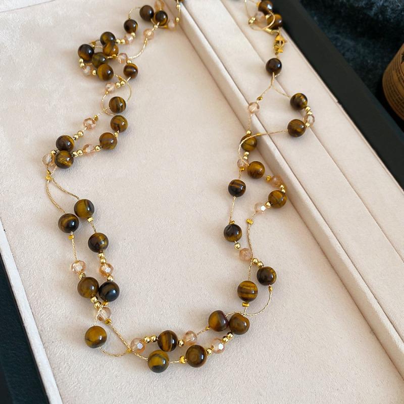 Stylish Natural Stone Tiger Eyes Glass Beads Strand Necklace for Women Gold Copper Long Double Layers Sweater Chain