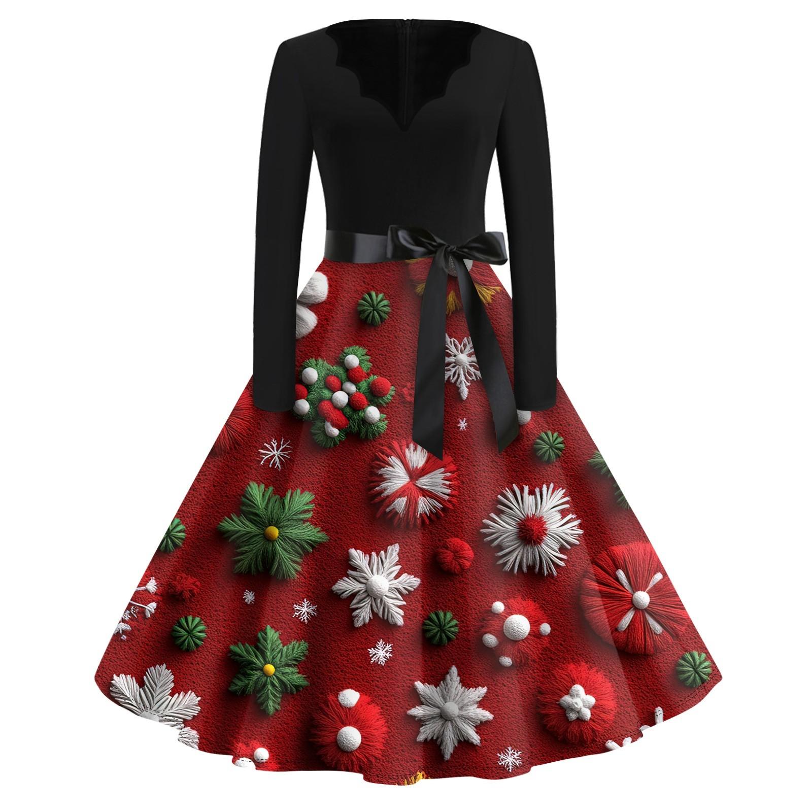 

Рождественский принт расклешенное платье для женщин платье с длинным рукавом полые вечерние повседневные платья S зелёный