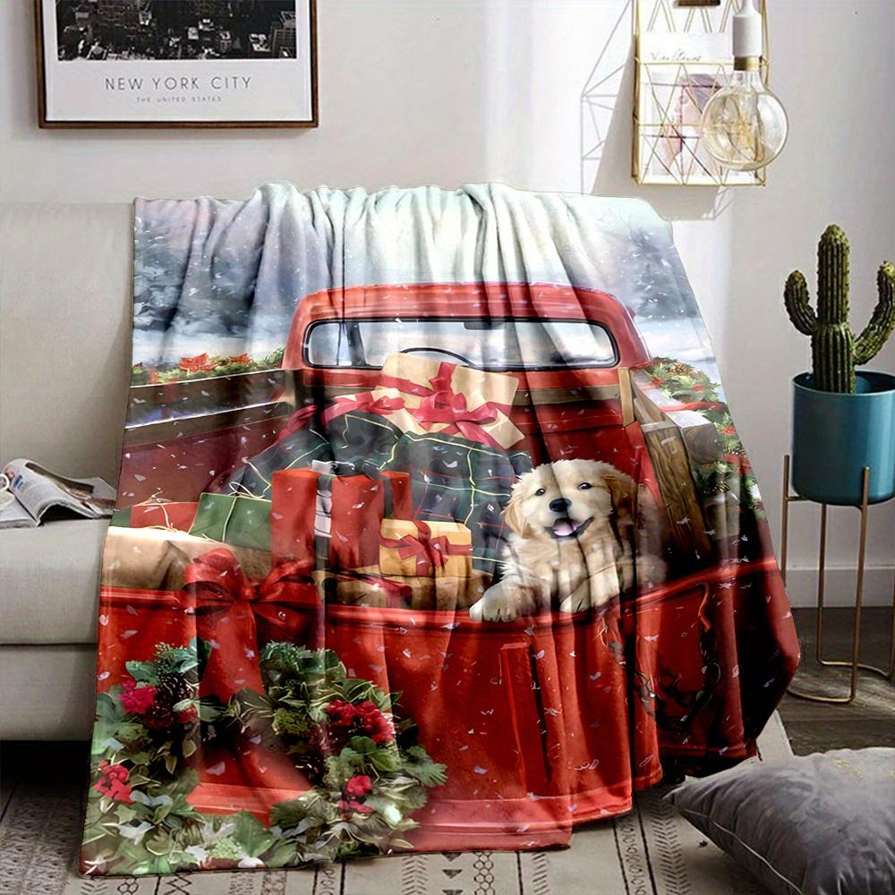 Cozy Christmas Puppy Truck Print Flannel Throw Blanket - Soft, Reversible, All-Season Comfort for Couch, Bed, Office, and Travel