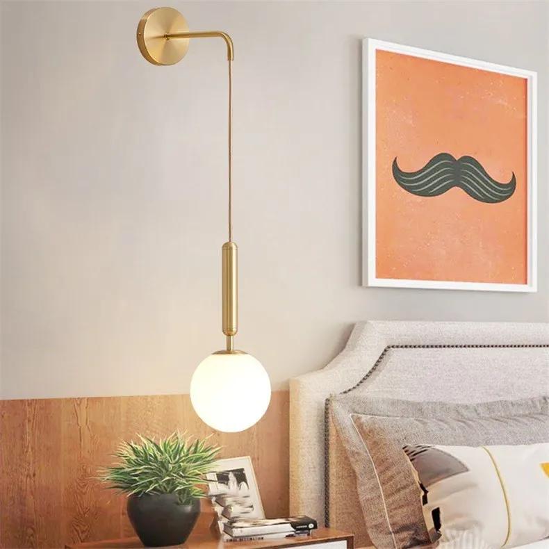 Nordic Gold/Black Wall Lamp Iron Glass Bedroom Headstock Living Room Study Simple Originality Milky White Glass Ball E27