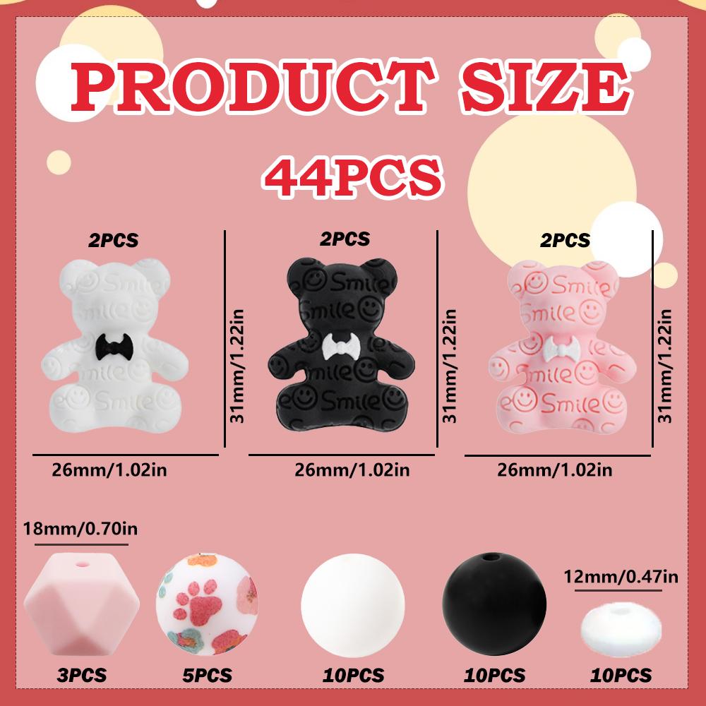

44PCS Bow Bear Silicone Bead Set, perfect for DIY handmade crafts such as keychains, necklaces, bracelets, etc