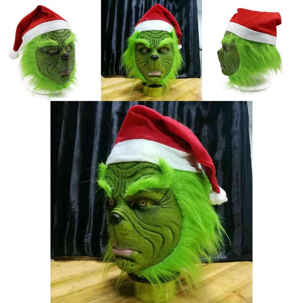 Zlobivý zelený příšera Grinchova maska s vánoční čepicí pro dospělé pro zábavu při cosplayi