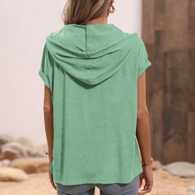 Summer 2025 Short Sleeve Loose Hooded T-shirt Women Elegant Button V Neck Slim Fit Casual T Shirt Woman Fashion Solid Simple Drawstring Lady Tee 26480