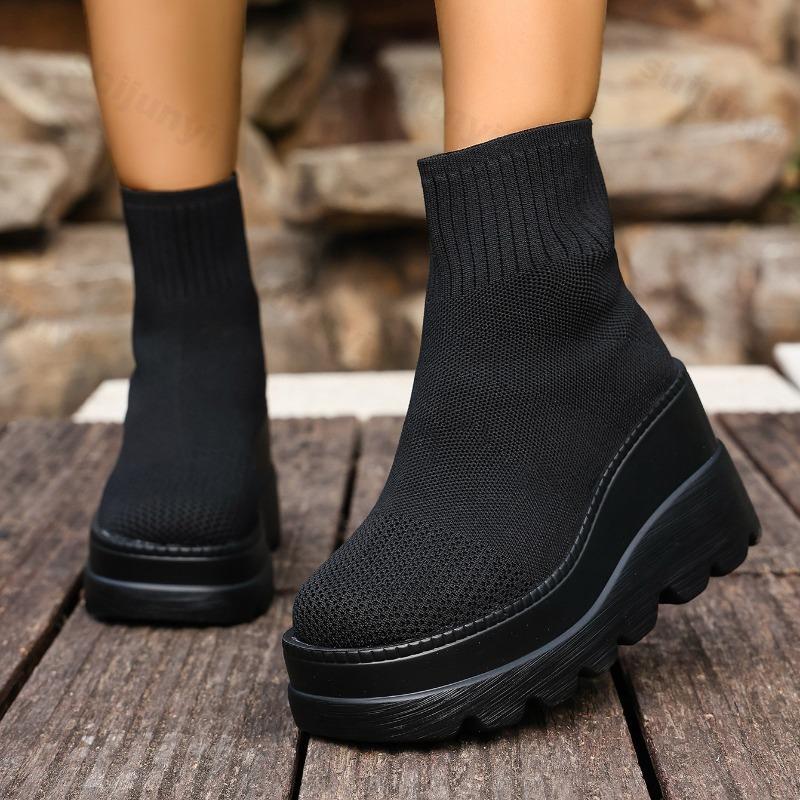 Mesh Breathable Wedge Heel Short Sock Boots for Women , Autumn New Fashion Versatile Comfortable Non Slip Chunky Ankle Boots