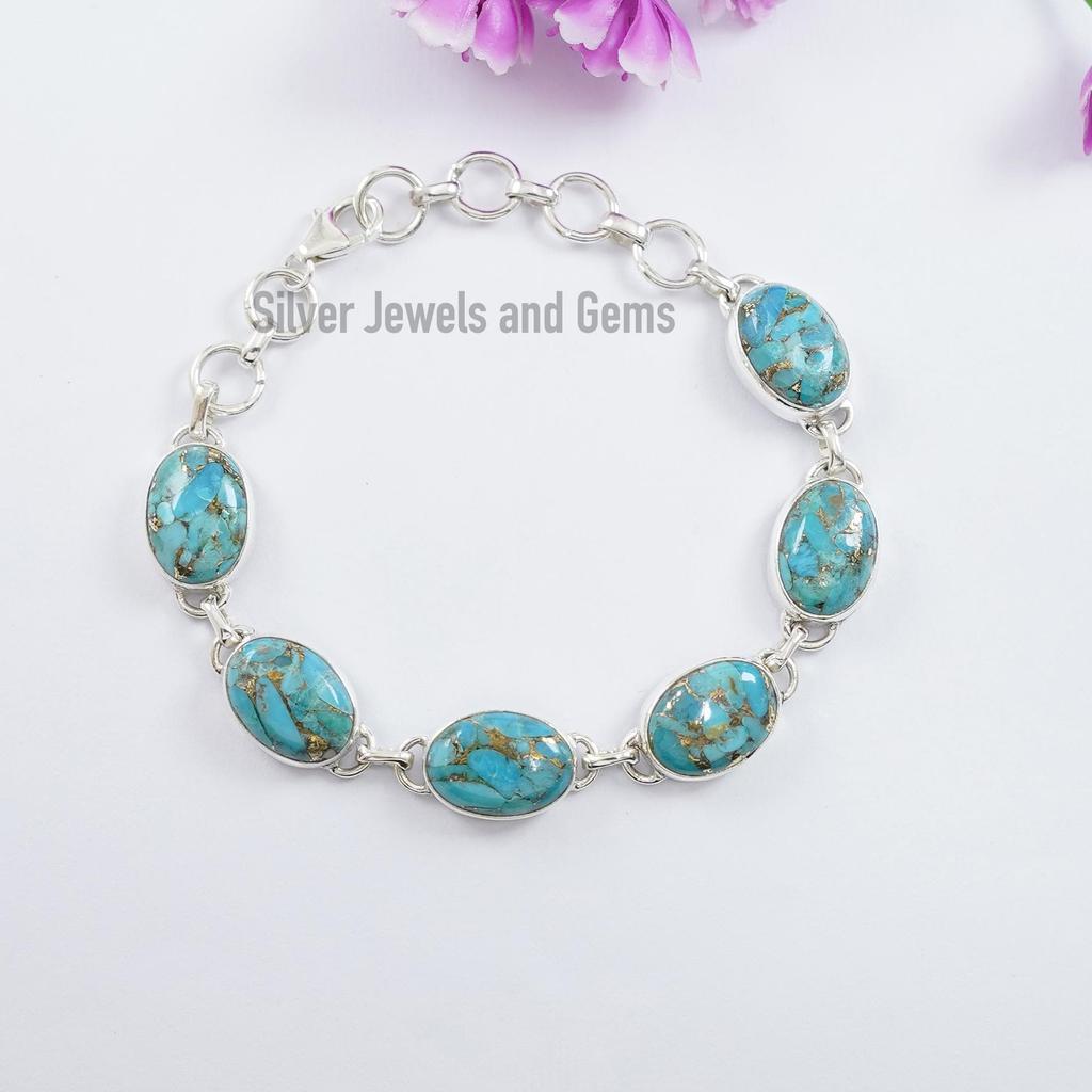 Blue Copper Turquoise Bracelet, Handmade Bracelet for Friend, 925 Sterling Silver Bracelet, Oval Turquoise Bracelet, Gift for Mom