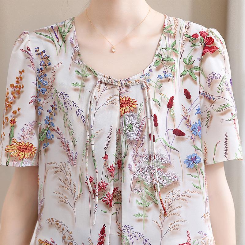 Chiffon V-neck Printed Dress for Women 2025 - Elegant Two-Piece Style for Middle-aged and Elderly Summer Fashion
