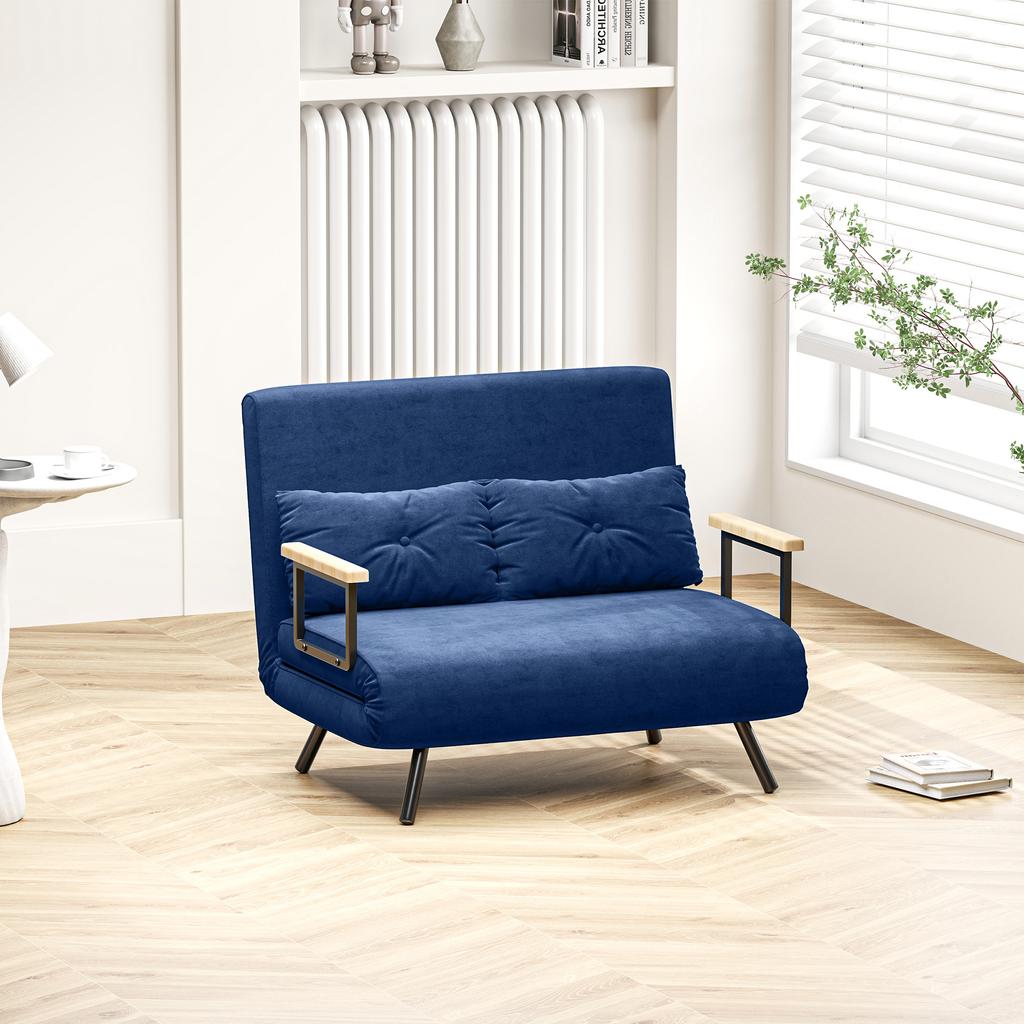 Sofa Bed 3 In 1 In Velvet-Effect Fabric with Adjustable Backrest and 2 Cushions, 102x73x81 Cm, Blue