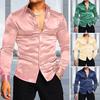Men Shiny Silk Like Satin Shirt Long Sleeve Casual Slim Fit Dress Shirt Solid Color Lapel Button Down Shirts