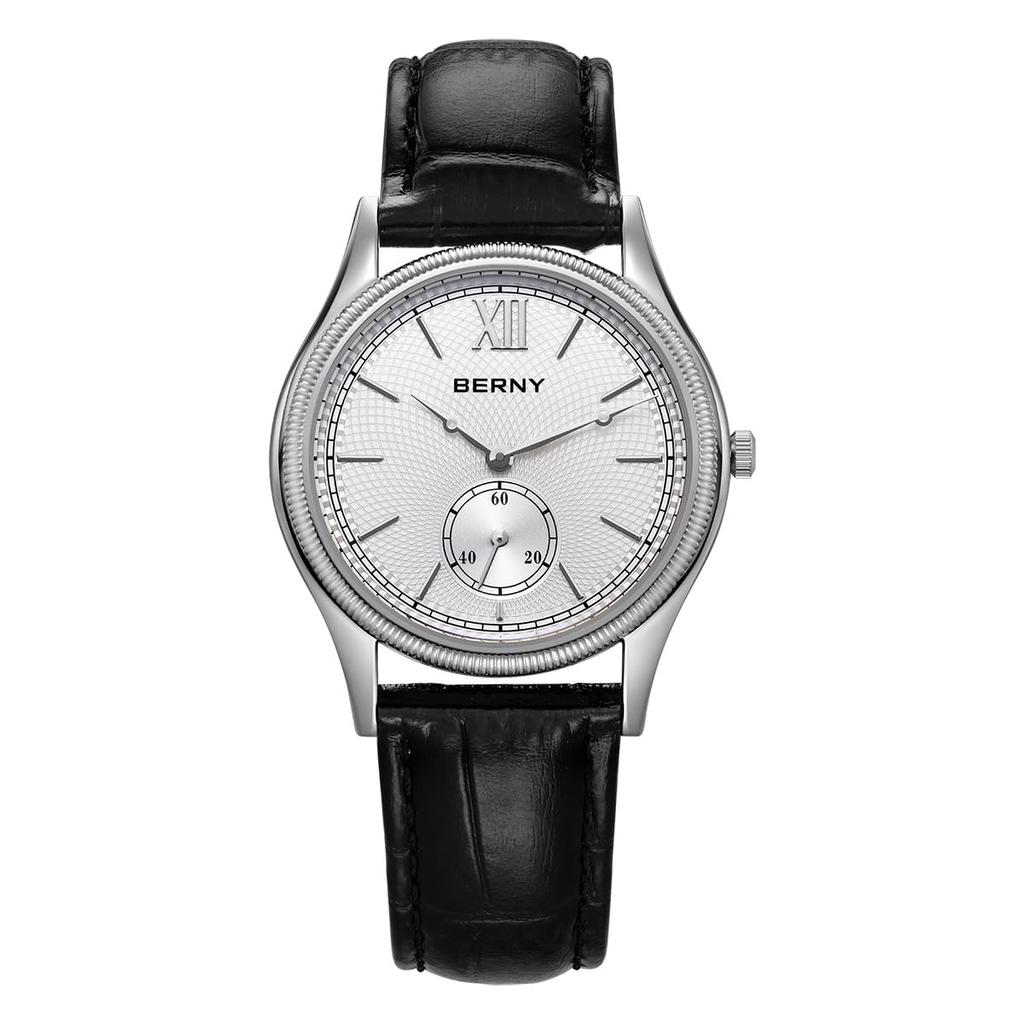 BERNY Waterproof Analog Quartz Watch with Roman Stainless Steel Case and Genuine Leather Strap Men's Numerals,