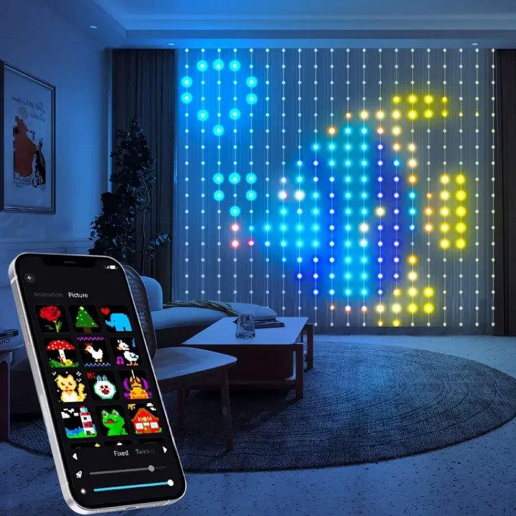 Smart LED String Curtain Lights with App-Controlled Custom Patterns and Text