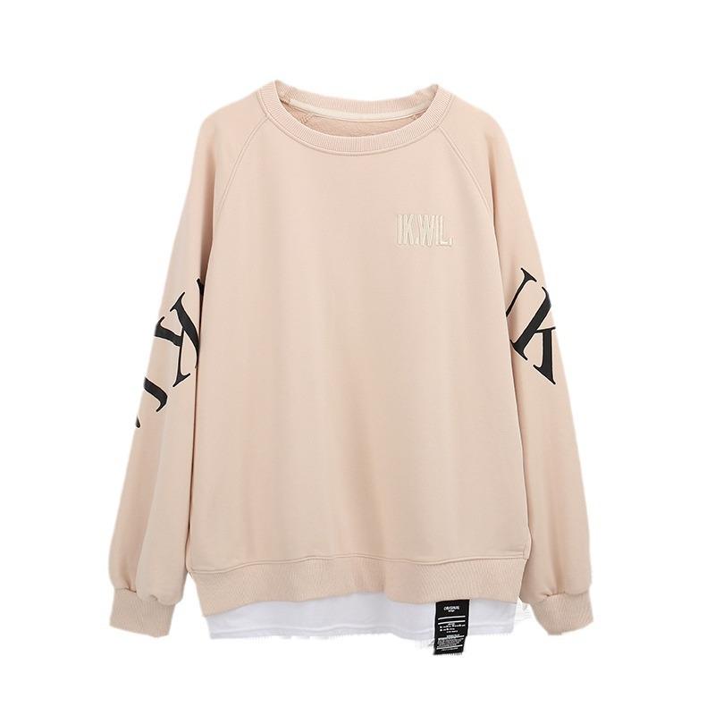 Fake zweiteiliger Langarm-Hoodie Damen locker Koreanisch dünn Sommer Rundhals Buchstabenprint Oberteil