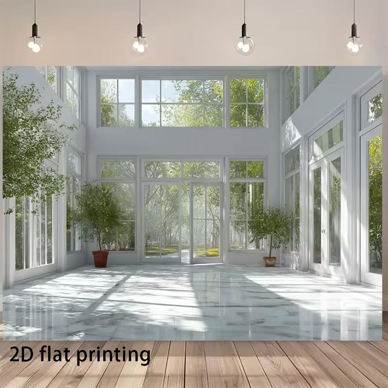 

2D Bright Glass Hall Photography Backdrop, Minimalist White Sunroom with Trees & Natural Light Background Cloth 47.2x31.5inch/120*80cm