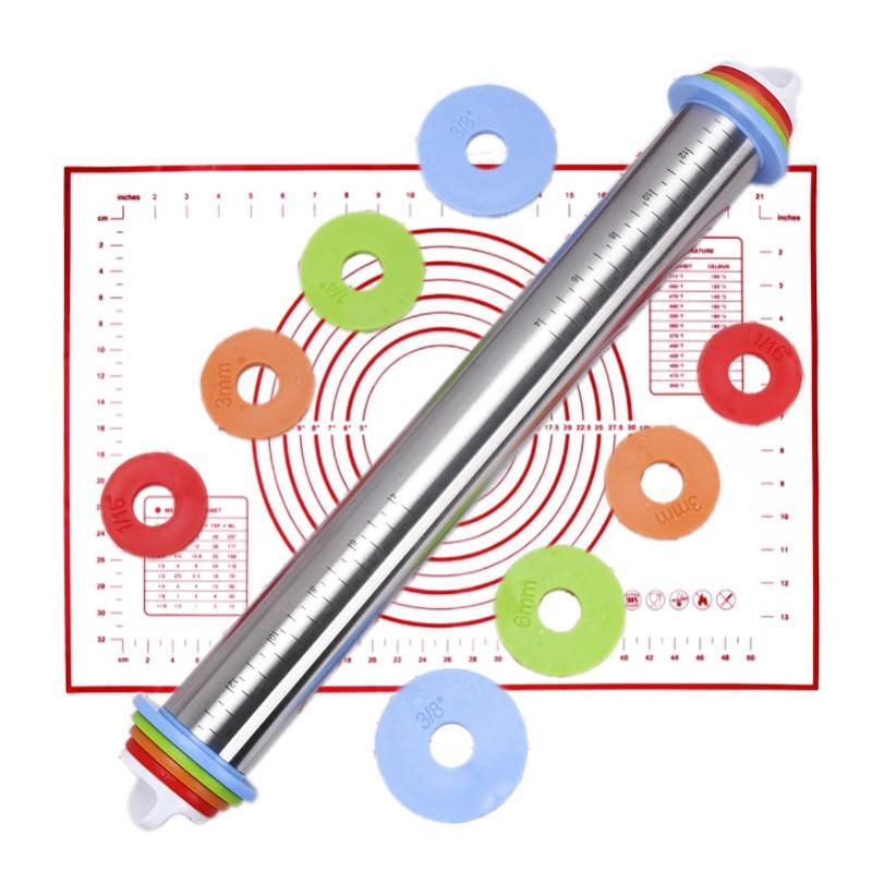 Adjustable Flour Roller Non-Stick Rolling Pin Stainless Steel Measuring Scale Rolling Pin Adjustable Thickness Dough Kneading Mat