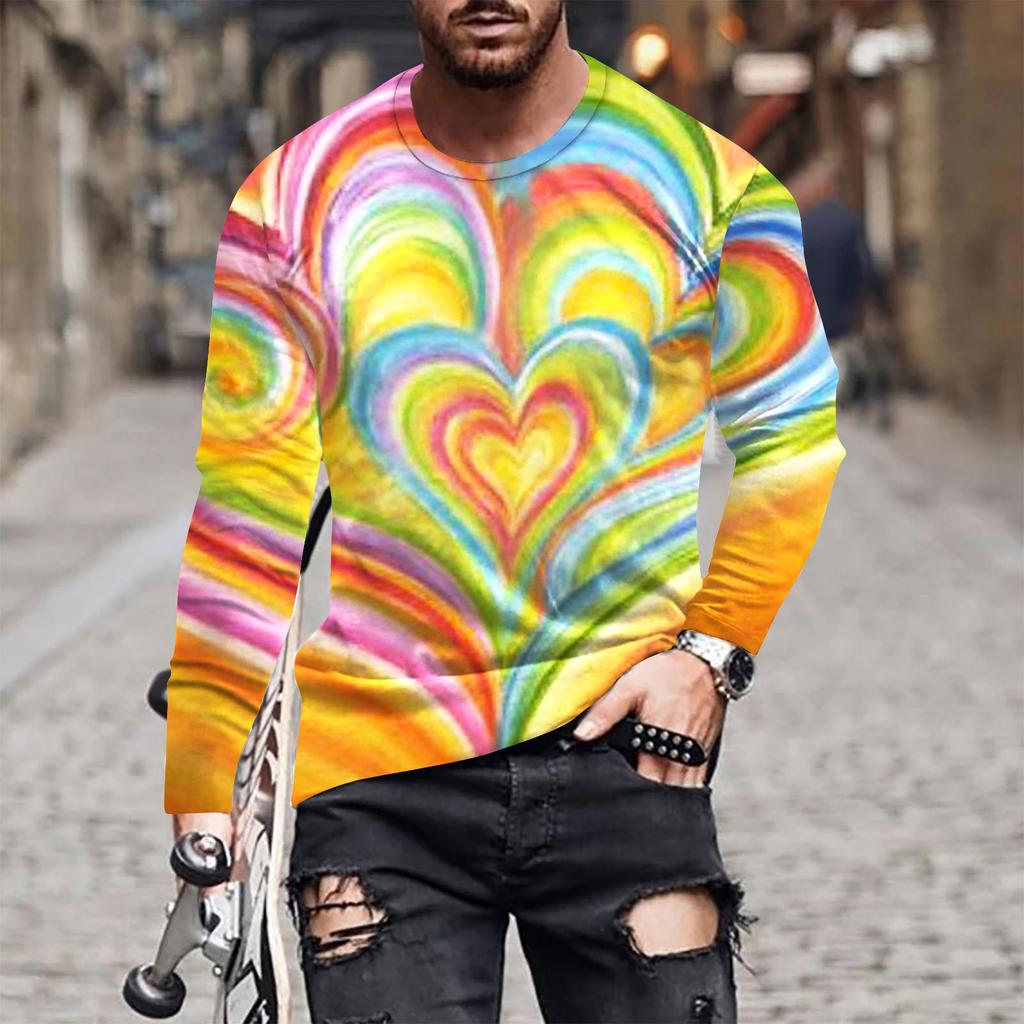 Spring and Autumn Round Neck 3D Love Printed Top Valentine's Day Themed T-shirts Fashionable Casual Long Sleeved Men's T-shirts