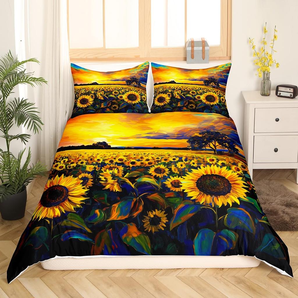 Sunflower Bedding Set For Kids Girls Boys Black White Milk Cow Print Comforter Cover Spring Summer Floral Duvet Cover