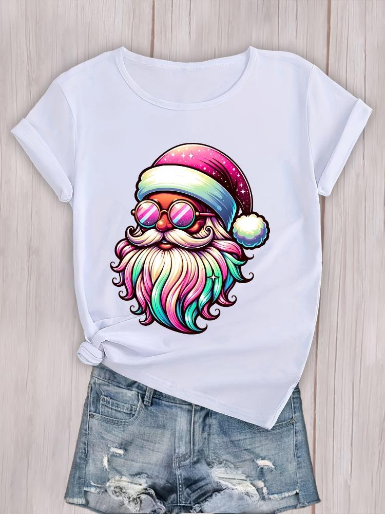 Santa Claus Printed Womens Sports Tshirt Comfortable Round Neck Casual Short Sleeved Top Fashionable Sportswear Plus Size Shirt