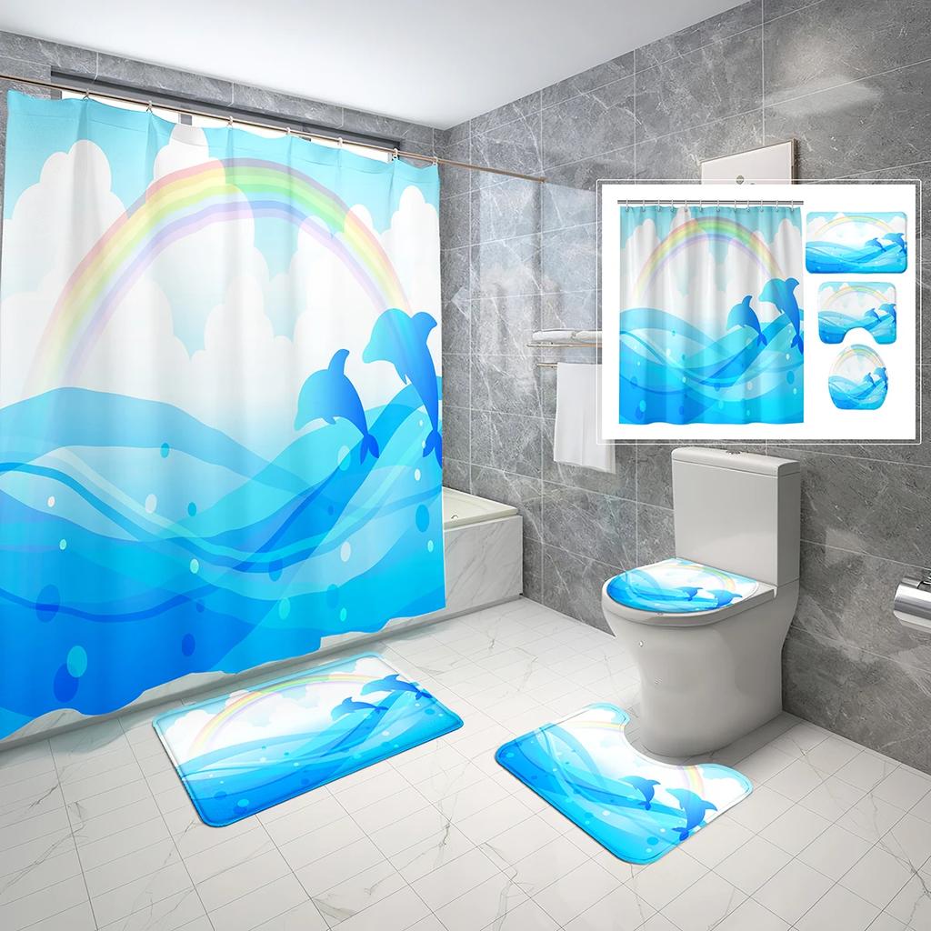 4 Sets Dolphin Shower Curtain Sets With Non-Slip Bath Mat,Toilet Lid Cover And Ocean Animals Blue Sea World Shower Curtain Set