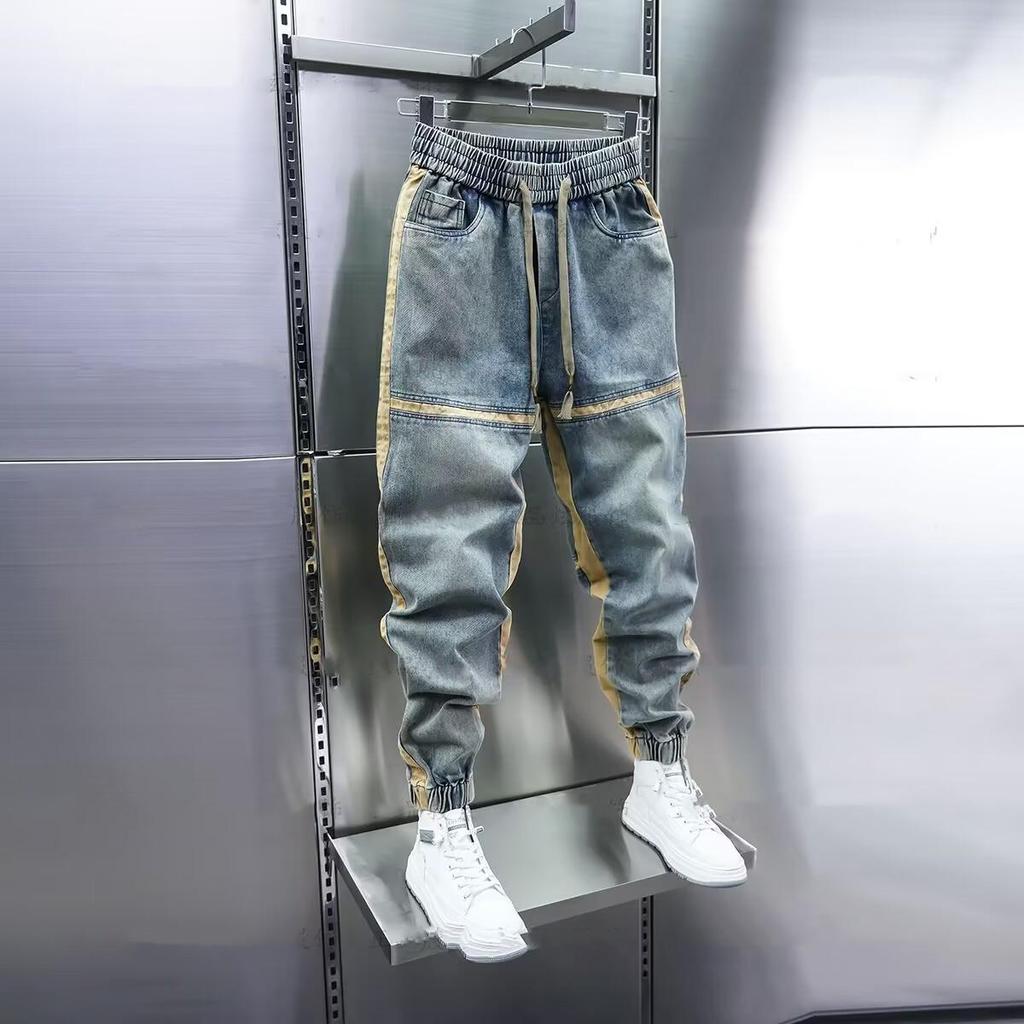 Korean-Style Men's Elastic Waist Drawstring Jeans: Trendy, Handsome, Splicing Harem Pants with Wide Leg Skinny Fit for Autumn/Winter.