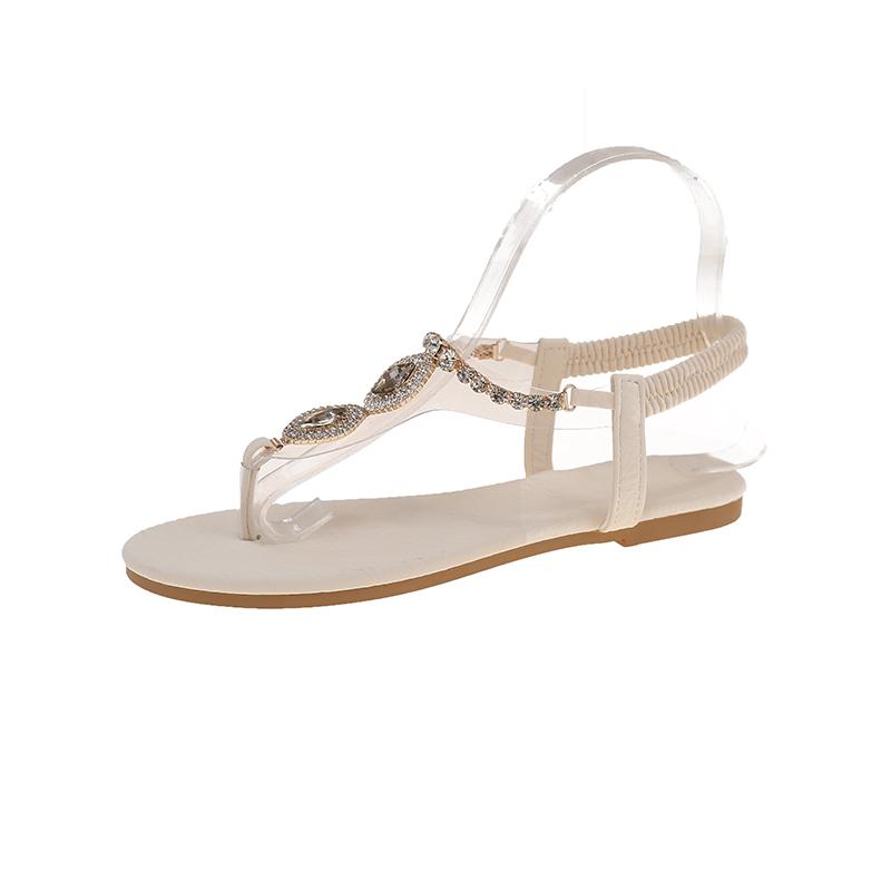 Beach Flat Toe Sandals New Summer Outwear Round Toe Open Toe Clear Rhinestone Soft Sole Non-Slip Roman Sandals