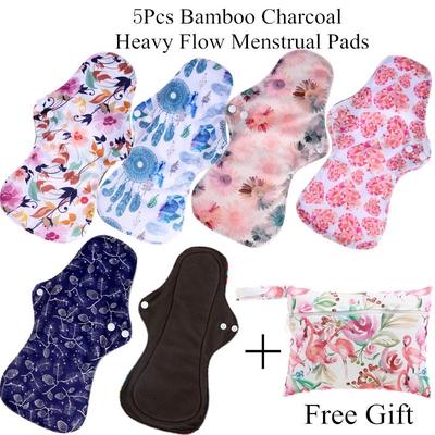6Pcs ( 5+1Set )Heavy Flow Menstrual Pads Set Resualable Bamboo Charcoal  Mum Cloth Pads Night Use