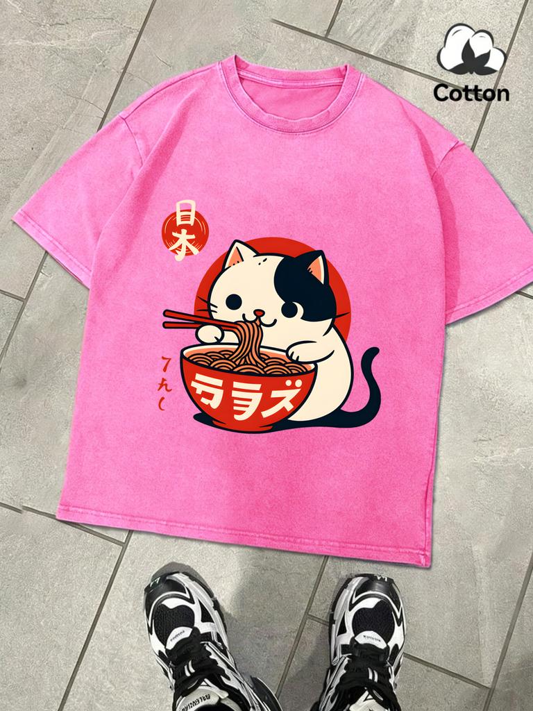 Cow Cat Likes Lamian Noodles Printed Retro TShirt Men Cotton Comfortable Tee Fashion Loose Snow Wash Clothing Soft Male Top