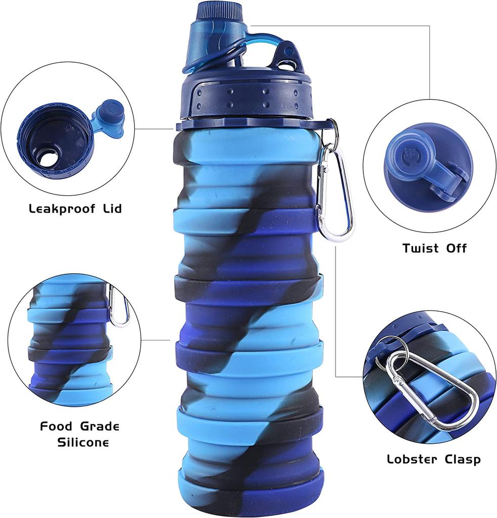 Leeseph Silicone Collapsible Water Bottles, Portable Foldable Sports Cups with Carabiner, Leak Proof for Outdoor Travel 500ml